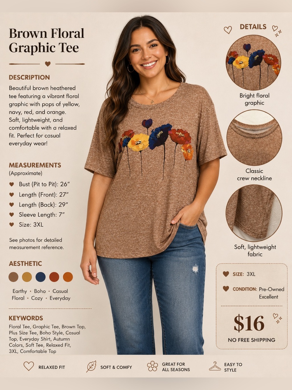 Brown Short Sleeve Women’s Tee with Floral Graphic